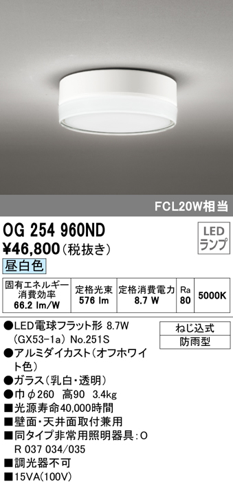 安心のメーカー保証【インボイス対応店】OG254960ND （ランプ別梱包）『OG254960#＋NO251S1』 オーデリック ポーチライト 軒下使用可 LED  Ｔ区分の画像