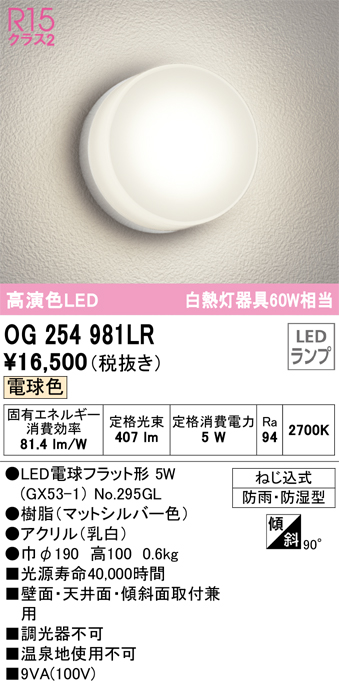 安心のメーカー保証【インボイス対応店】OG254981LR （ランプ別梱包）『OG254981#＋NO295GL』 オーデリック ポーチライト 軒下使用可 LED  Ｎ区分の画像