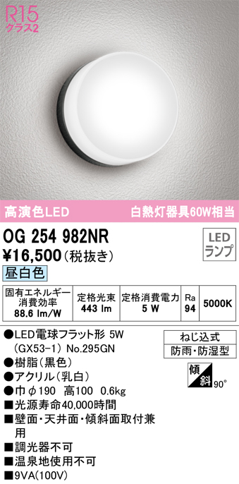 安心のメーカー保証【インボイス対応店】OG254982NR （ランプ別梱包）『OG254982#＋NO295GN』 オーデリック ポーチライト 軒下使用可 LED  Ｎ区分の画像