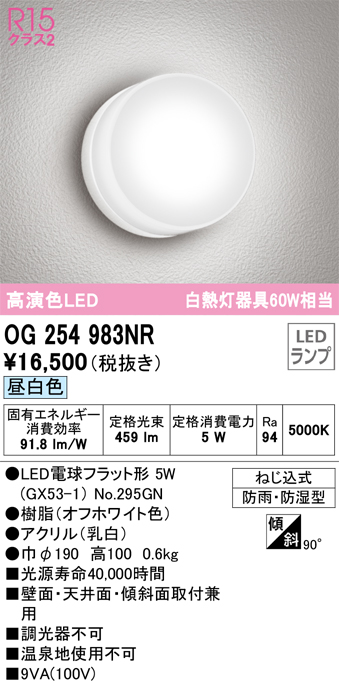 安心のメーカー保証【インボイス対応店】OG254983NR （ランプ別梱包）『OG254983#＋NO295GN』 オーデリック ポーチライト 軒下使用可 LED  Ｔ区分の画像