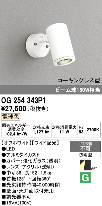 安心のメーカー保証 【インボイス対応店】OG254343P1 オーデリック 屋外灯 スポットライト LED  Ｔ区分の画像
