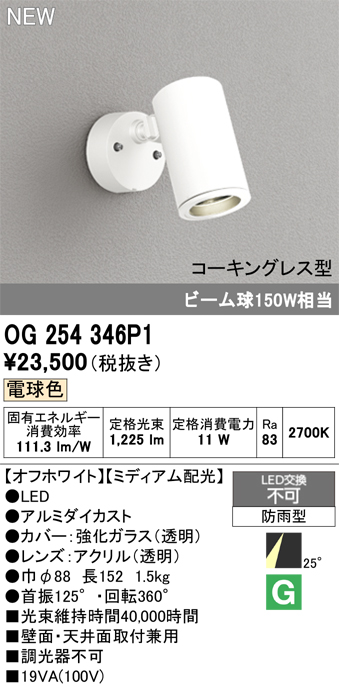 安心のメーカー保証【インボイス対応店】OG254346P1 オーデリック 屋外灯 スポットライト LED  Ｔ区分の画像