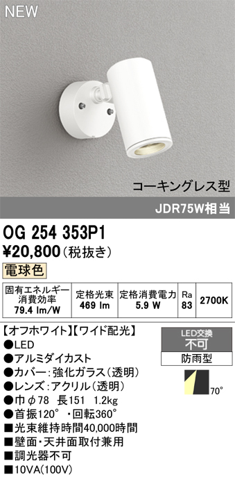 安心のメーカー保証【インボイス対応店】OG254353P1 オーデリック 屋外灯 スポットライト LED  Ｔ区分の画像