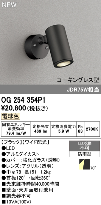 安心のメーカー保証【インボイス対応店】OG254354P1 オーデリック 屋外灯 スポットライト LED  Ｔ区分の画像