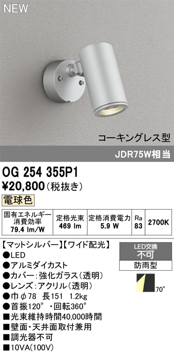 安心のメーカー保証【インボイス対応店】OG254355P1 オーデリック 屋外灯 スポットライト LED  Ｔ区分の画像