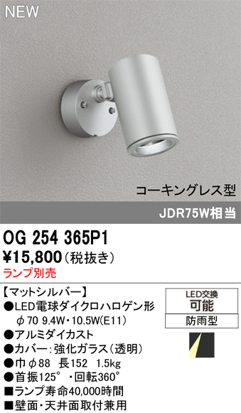 安心のメーカー保証【インボイス対応店】OG254365P1 オーデリック 屋外灯 スポットライト LED ランプ別売 Ｔ区分の画像