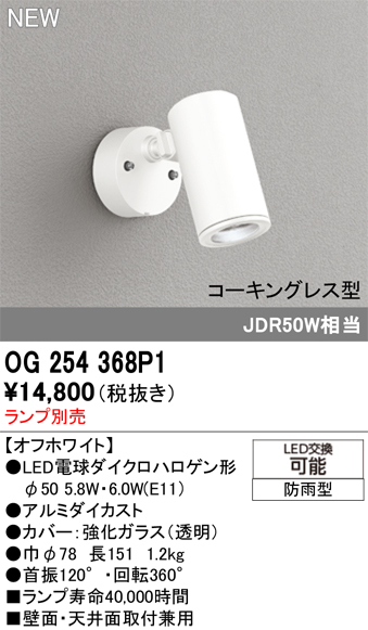 安心のメーカー保証【インボイス対応店】OG254368P1 オーデリック 屋外灯 スポットライト LED ランプ別売 Ｔ区分の画像