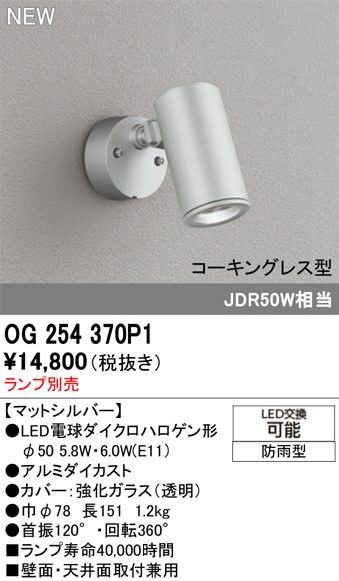 安心のメーカー保証【インボイス対応店】OG254370P1 オーデリック 屋外灯 スポットライト LED ランプ別売 Ｔ区分の画像