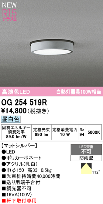 安心のメーカー保証 期間限定特価【インボイス対応店】OG254519R オーデリック 屋外灯 軒下灯 LED  Ｈ区分の画像
