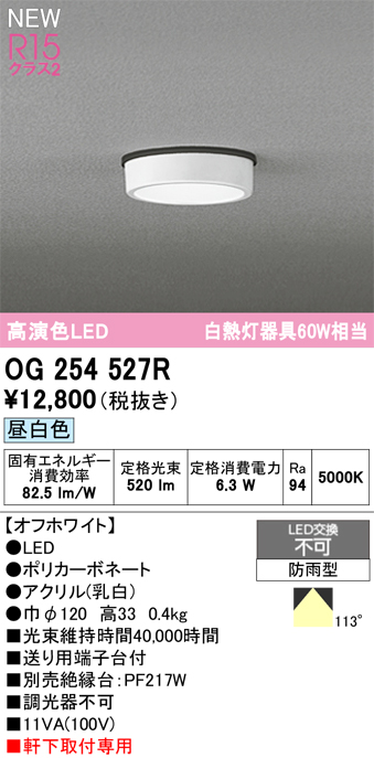 安心のメーカー保証 期間限定特価【インボイス対応店】OG254527R オーデリック 屋外灯 軒下灯 LED  Ｈ区分の画像