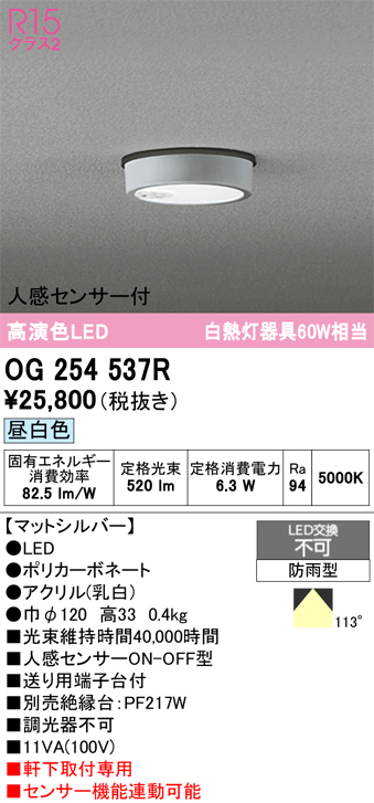 安心のメーカー保証 期間限定特価【インボイス対応店】OG254537R オーデリック 屋外灯 軒下灯 LED  Ｈ区分の画像
