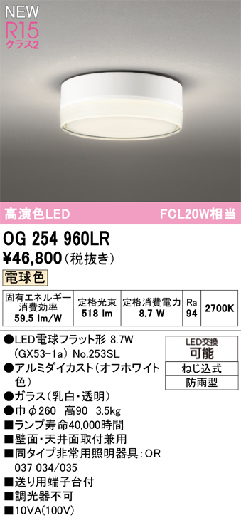 安心のメーカー保証 【インボイス対応店】OG254960LR （ランプ別梱包）『OG254960#＋NO253SL』 オーデリック 屋外灯 軒下灯 LED  Ｔ区分の画像