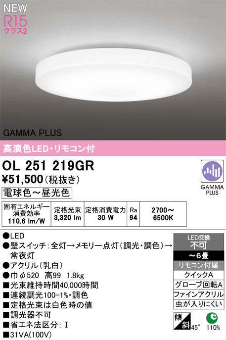 安心のメーカー保証 【インボイス対応店】OL251219GR オーデリック シーリングライト LED リモコン付  Ｔ区分の画像