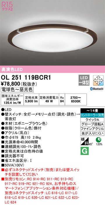 安心のメーカー保証【インボイス対応店】OL251119BCR1 オーデリック シーリングライト LED リモコン別売  Ｎ区分の画像