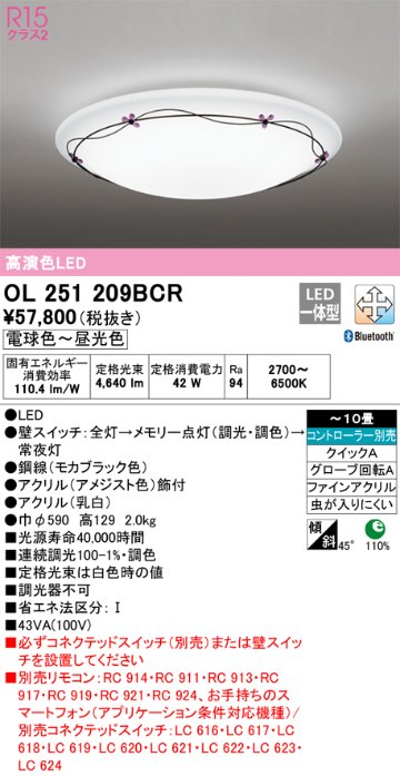 安心のメーカー保証【インボイス対応店】OL251209BCR オーデリック シーリングライト LED リモコン別売  Ｎ区分の画像