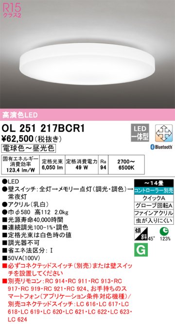 安心のメーカー保証【インボイス対応店】OL251217BCR1 オーデリック シーリングライト LED リモコン別売  Ｔ区分の画像