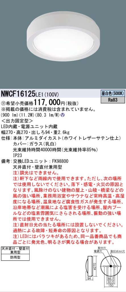 安心のメーカー保証【インボイス対応店】NWCF16125LE1 パナソニック 屋外灯 非常灯 LED リモコン別売  受注生産品  Ｎ区分の画像