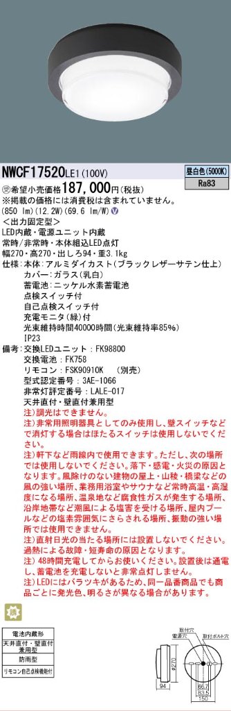 安心のメーカー保証【インボイス対応店】NWCF17520LE1 パナソニック 屋外灯 非常灯 LED リモコン別売  受注生産品  Ｎ区分の画像