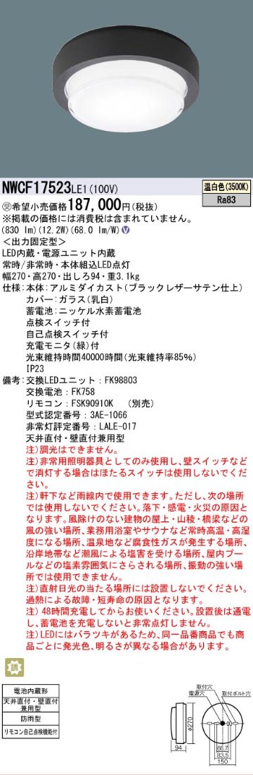 安心のメーカー保証【インボイス対応店】NWCF17523LE1 パナソニック 屋外灯 非常灯 LED リモコン別売  受注生産品  Ｎ区分の画像