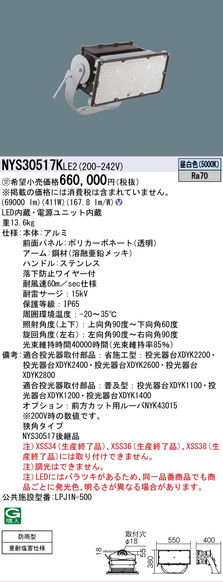 安心のメーカー保証【インボイス対応店】NYS30517KLE2 パナソニック 屋外灯 投光器 灯具のみ LED  受注生産品  Ｎ区分の画像