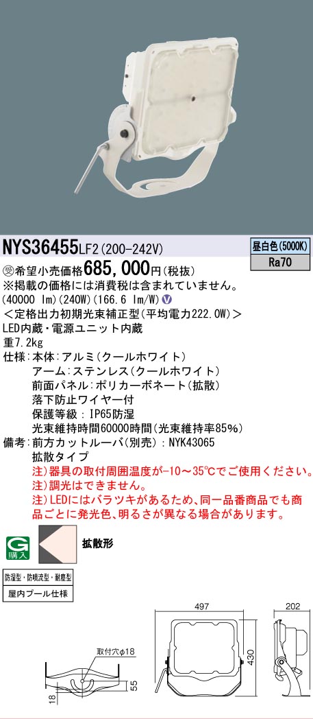 安心のメーカー保証【インボイス対応店】NYS36455LF2 パナソニック 屋外灯 投光器 灯具のみ LED  受注生産品  Ｎ区分の画像
