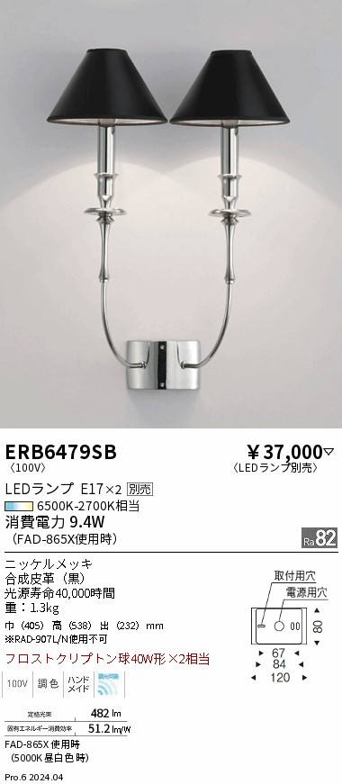 安心のメーカー保証【インボイス対応店】ERB6479SB 遠藤照明 ブラケット LED ランプ別売 Ｎ区分 Ｎ発送の画像