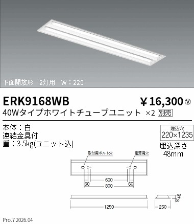 安心のメーカー保証【インボイス対応店】ERK9168WB （40Wタイプホワイトチューブユニット×2） 遠藤照明 ベースライト LED ランプ別売 Ｎ区分 メーカー直送の画像