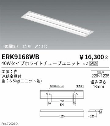 安心のメーカー保証【インボイス対応店】ERK9168WB （40Wタイプホワイトチューブユニット×2） 遠藤照明 ベースライト LED ランプ別売 Ｎ区分 メーカー直送の画像