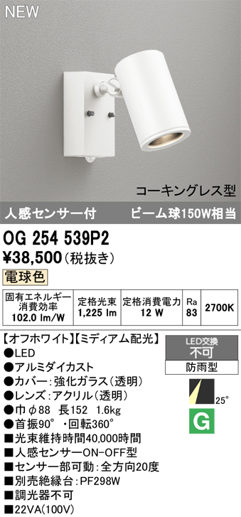 安心のメーカー保証 【インボイス対応店】OG254539P2 オーデリック 屋外灯 スポットライト LED  Ｔ区分の画像
