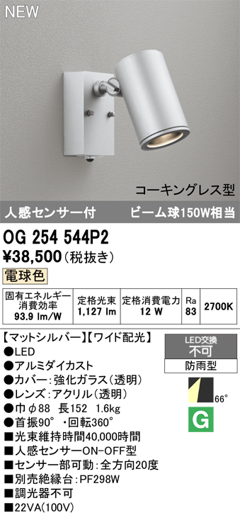 安心のメーカー保証 【インボイス対応店】OG254544P2 オーデリック 屋外灯 スポットライト LED  Ｔ区分の画像