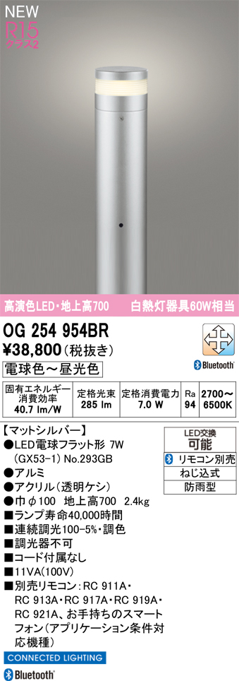 安心のメーカー保証 【インボイス対応店】OG254954BR （ランプ別梱包）『OG254954#＋NO293GB』 オーデリック 屋外灯 ポールライト LED リモコン別売  Ｎ区分の画像