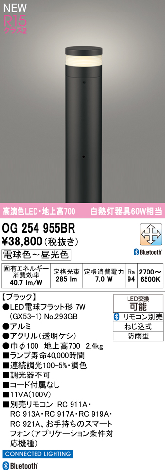 安心のメーカー保証 【インボイス対応店】OG254955BR （ランプ別梱包）『OG254955#＋NO293GB』 オーデリック 屋外灯 ポールライト LED リモコン別売  Ｎ区分の画像