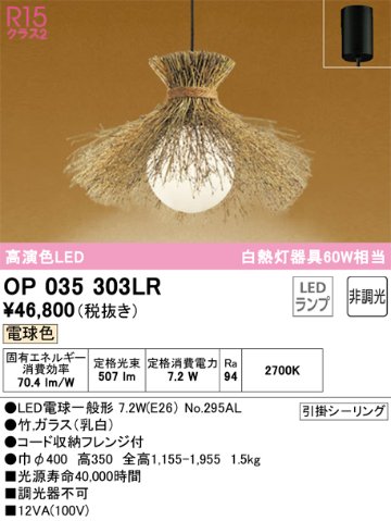 安心のメーカー保証【インボイス対応店】OP035303LR （ランプ別梱包）『OP035303P1#＋NO295AL』 オーデリック ペンダント LED  Ｔ区分の画像