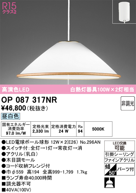 安心のメーカー保証 【インボイス対応店】OP087317NR （ランプ別梱包）『OP087317#＋NO296AN×2』 オーデリック ペンダント LED  Ｎ区分の画像