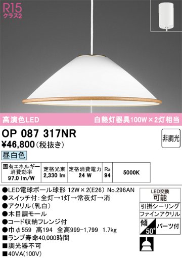 安心のメーカー保証 【インボイス対応店】OP087317NR （ランプ別梱包）『OP087317#＋NO296AN×2』 オーデリック ペンダント LED  Ｎ区分の画像
