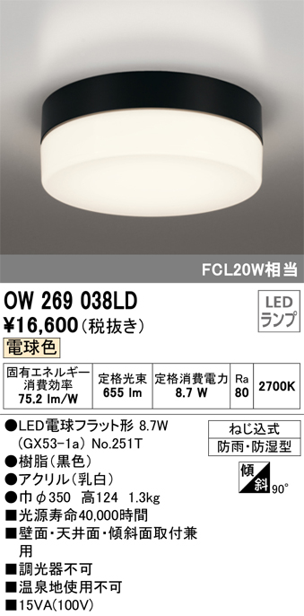 安心のメーカー保証【インボイス対応店】OW269038LD （ランプ別梱包）『OW269038#＋NO251T1』 オーデリック ポーチライト 軒下使用可 LED  Ｔ区分の画像