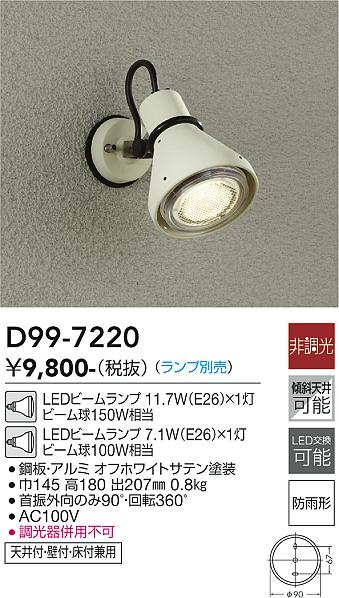 安心のメーカー保証【インボイス対応店】D99-7220 ダイコー 屋外灯 スポットライト LED ランプ別売の画像