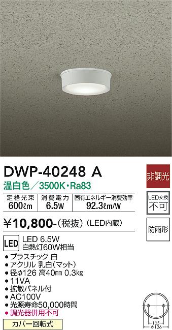 安心のメーカー保証【インボイス対応店】DWP-40248A ダイコー ポーチライト 軒下用 LED 大光電機の画像