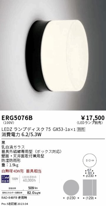 安心のメーカー保証【インボイス対応店】ERG5076B 遠藤照明 ポーチライト LED ランプ別売 Ｎ区分 Ｎ発送の画像