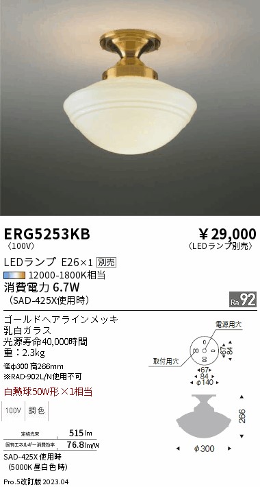 安心のメーカー保証【インボイス対応店】ERG5253KB 遠藤照明 シーリングライト LED ランプ別売 Ｎ区分 Ｎ発送の画像