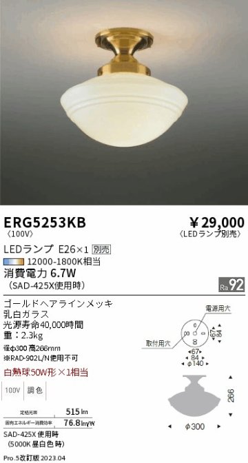 安心のメーカー保証【インボイス対応店】ERG5253KB 遠藤照明 シーリングライト LED ランプ別売 Ｎ区分 Ｎ発送の画像