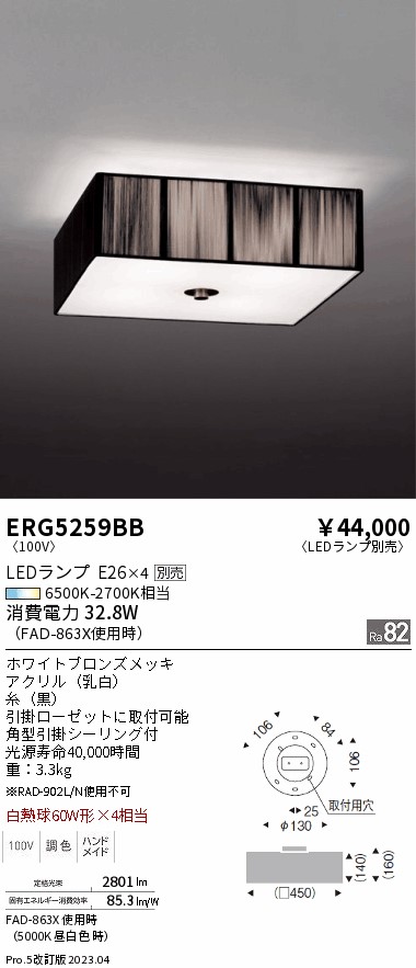 安心のメーカー保証【インボイス対応店】ERG5259BB 遠藤照明 シーリングライト LED ランプ別売 Ｎ区分 Ｎ発送の画像