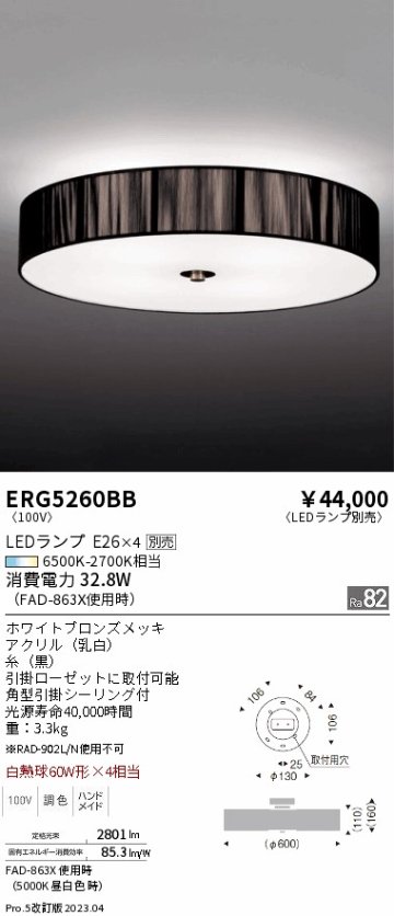 安心のメーカー保証【インボイス対応店】ERG5260BB 遠藤照明 シーリングライト LED ランプ別売 Ｎ区分 メーカー直送の画像