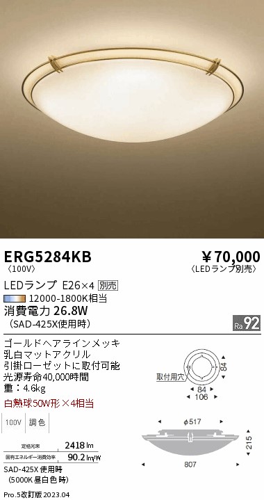 安心のメーカー保証【インボイス対応店】ERG5284KB 遠藤照明 シーリングライト LED ランプ別売 Ｎ区分 メーカー直送の画像