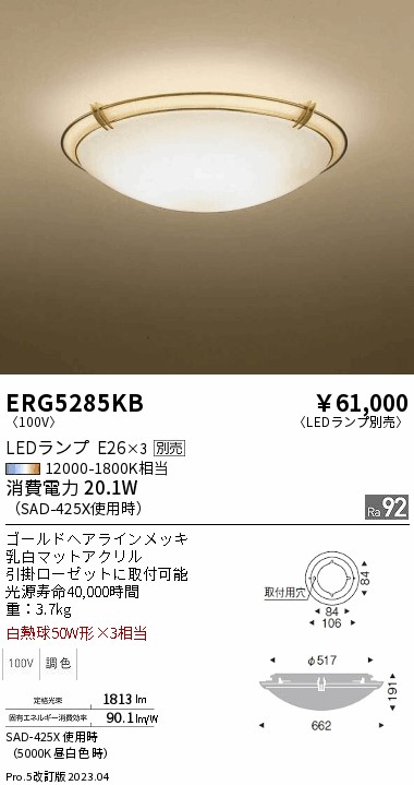 安心のメーカー保証【インボイス対応店】ERG5285KB 遠藤照明 シーリングライト LED ランプ別売 Ｎ区分 メーカー直送の画像