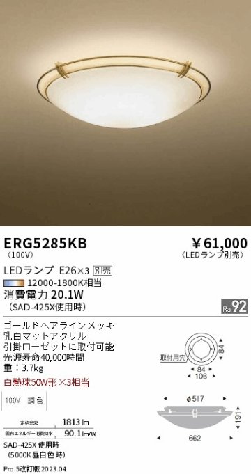 安心のメーカー保証【インボイス対応店】ERG5285KB 遠藤照明 シーリングライト LED ランプ別売 Ｎ区分の画像