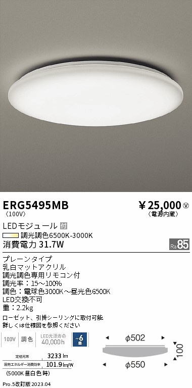 安心のメーカー保証【インボイス対応店】ERG5495MB 遠藤照明 シーリングライト LED リモコン付  Ｎ区分 Ｎ発送の画像