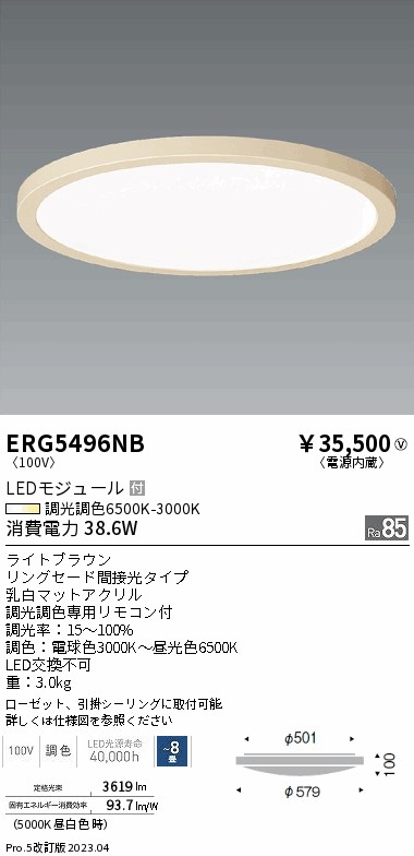 安心のメーカー保証【インボイス対応店】ERG5496NB 遠藤照明 シーリングライト LED リモコン付  Ｎ区分の画像