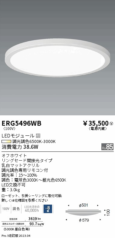 安心のメーカー保証【インボイス対応店】ERG5496WB 遠藤照明 シーリングライト LED リモコン付  Ｎ区分 Ｎ発送の画像