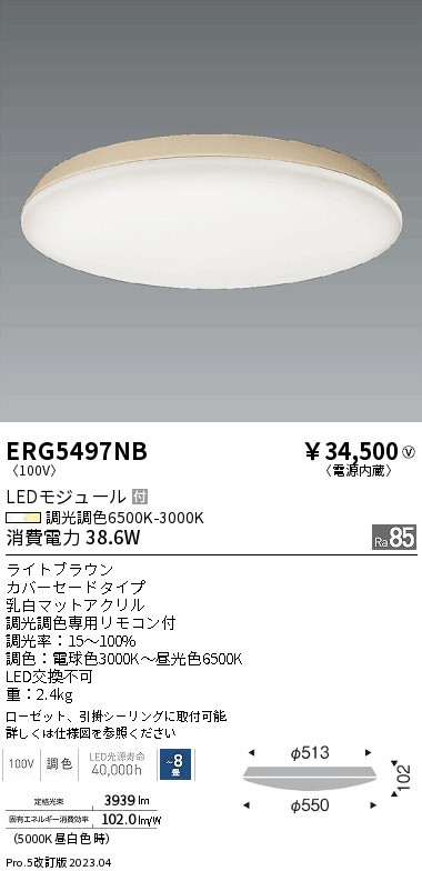 安心のメーカー保証【インボイス対応店】ERG5497NB 遠藤照明 シーリングライト LED リモコン付  Ｎ区分 Ｎ発送の画像